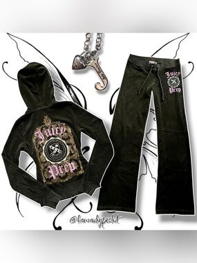 VTG Y2K Juicy Couture Olive Green/Multicolor Velour Hoodie & Pants Tracksuit Set